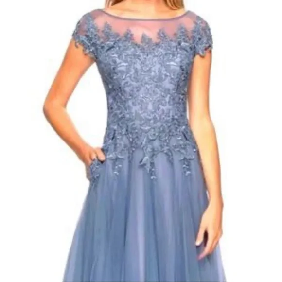 La Femme Dusty Blue Embellished Gown Sz12 - Picture 1 of 13